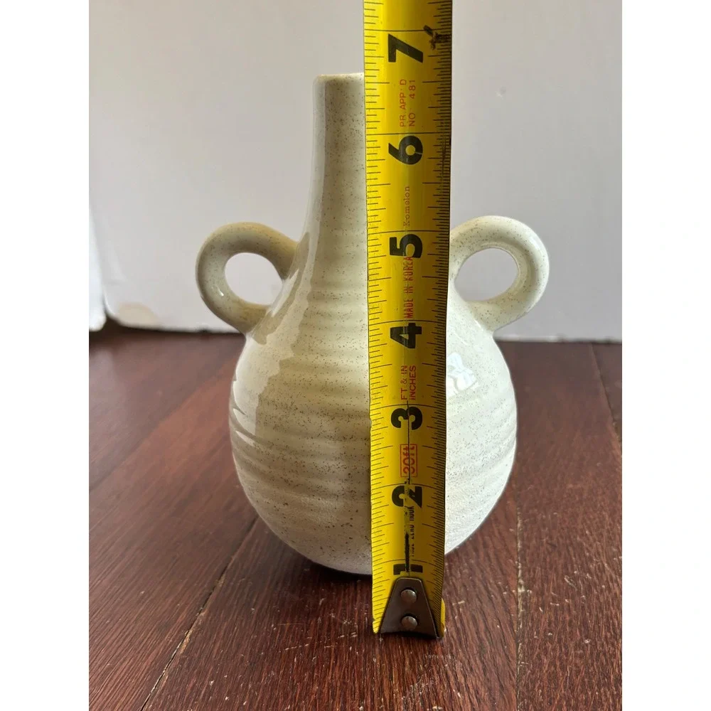 Speckled Ceramic Bud Vase Double Handle Ribbed Cream Stoneware 6.5 Inch